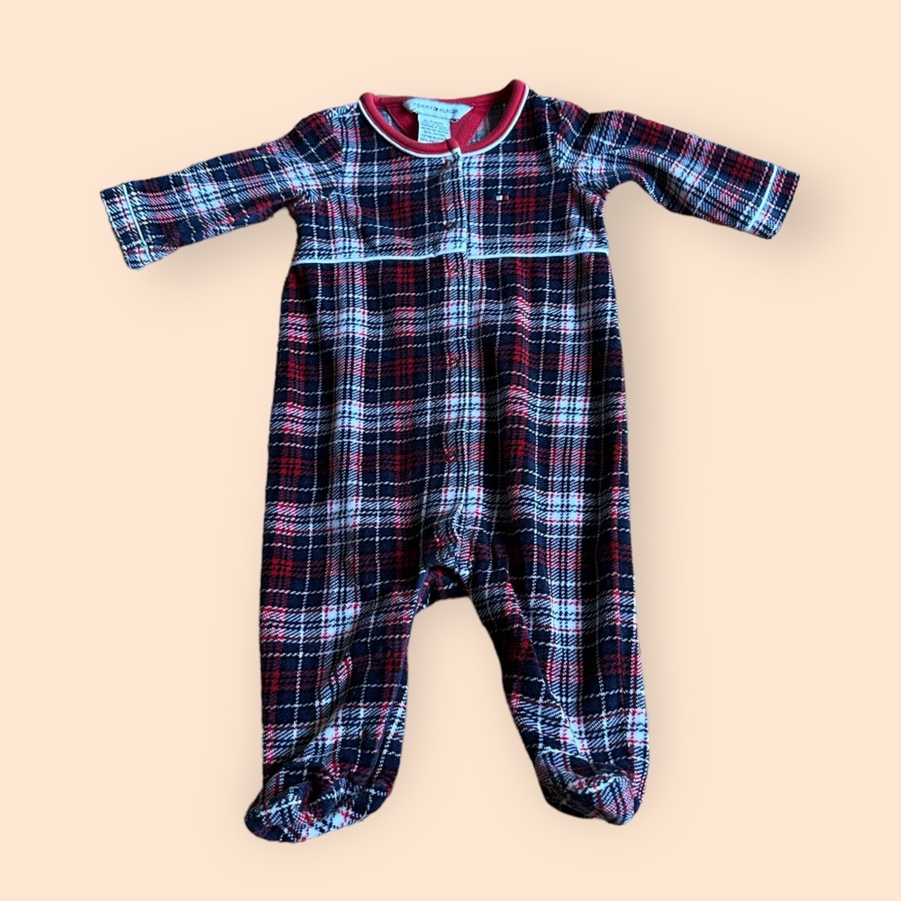 Baby Tommy Hilfiger Blue Red White Plaid Footie Pajamas Size 0-3 Months